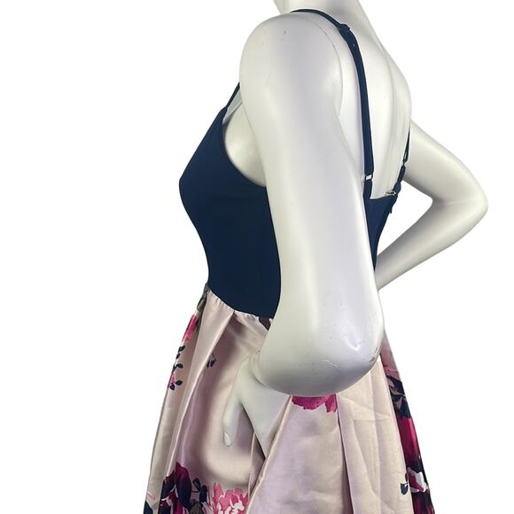 Nights By Teeze Me Strappy Velour Top Floral Bottom Gown Dress Navy Pinks 5/6 - Picture 6 of 16